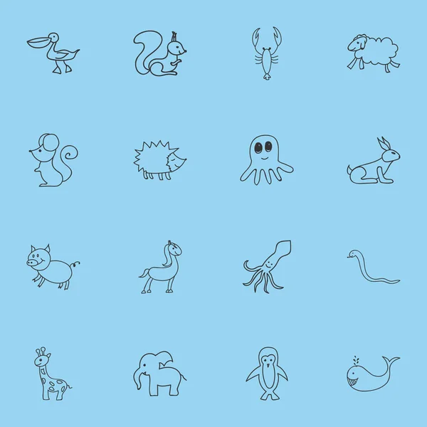 Set von 16 editierbaren Tierkritzeleien. beinhaltet Symbole wie Streifenhörnchen, großes Tier, Schlange und mehr. kann für Web-, Mobil-, UI- und Infografik-Design verwendet werden. — Stockvektor