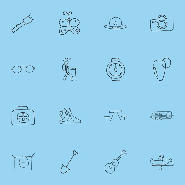 Set 16 bewerkbare reis Doodles. Bevat symbolen zoals boot, karabijn, Camper en meer. Kan worden gebruikt voor Web, Mobile, Ui en Infographic Design. — Stockvector