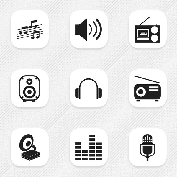 Satz von 9 editierbaren Mediensymbolen. beinhaltet Symbole wie Musikzeichen, Phonograph, Mikrofon und mehr. kann für Web-, Mobil-, UI- und Infografik-Design verwendet werden. — Stockvektor