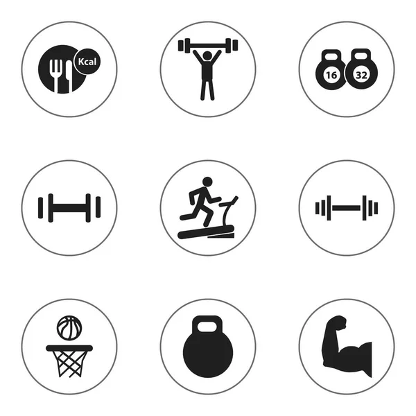 Készlet 9 szerkeszthető egészséges ikonok. Magában foglalja a jeleket, mint például a képzés versenypálya, egészséges ételek, bicepsz és így tovább. Lehet használni a Web, mobil, Ui és Infographic Design. — Stock Vector