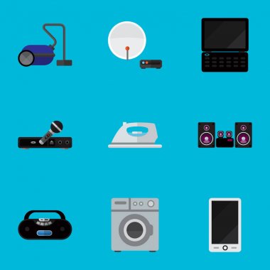 9 düzenlenebilir teknoloji düz simgeler kümesi. Defter, kaset çalar, Sweeper ve daha fazlası gibi simgeler içerir. Web, mobil, UI ve Infographic tasarımı için kullanılabilir.