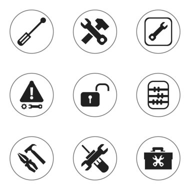9 düzenlenebilir aracı simgeler kümesi. Tornavida, ekipman, sabitleme açıldı asma kilit ve daha fazlası gibi simgeleri içerir. Web, mobil, UI ve Infographic tasarımı için kullanılabilir.