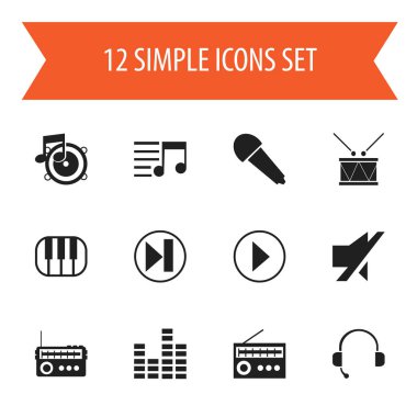 12 düzenlenebilir şarkı simgeler kümesi. Bar dalga, Çağrı Merkezi, Timpano ve daha fazlası gibi simgeleri içerir. Web, mobil, UI ve Infographic tasarımı için kullanılabilir.