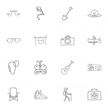 16 düzenlenebilir kamp karalamalar kümesi. Semboller gibi uçan oyuncak, koltuk, plaj şapka ve daha fazlasını içerir. Web, mobil, UI ve Infographic tasarımı için kullanılabilir.