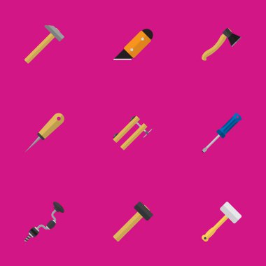 9 düzenlenebilir ekipman düz simgeler kümesi. Çekiç, çekiç ve balta gibi simgeler içerir. Web, mobil, UI ve Infographic tasarımı için kullanılabilir.