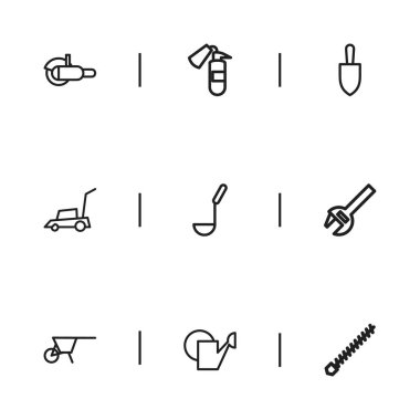 9 düzenlenebilir enstrüman anahat simgeleri ayarlayın. Yangın güvenliği, Bit, çim biçme makinesi ve daha fazla dönen gibi simgeler içerir. Web, mobil, UI ve Infographic tasarımı için kullanılabilir.