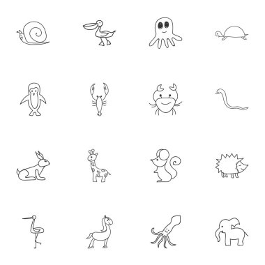 16 düzenlenebilir hayvan karalamalar kümesi. Shadoof, kaplumbağa, Pelikan ve daha fazlası gibi simgeler içerir. Web, mobil, UI ve Infographic tasarımı için kullanılabilir.