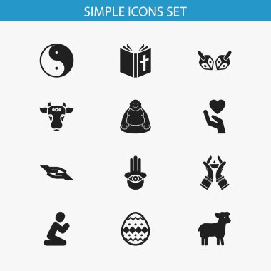 12 düzenlenebilir din simgeler kümesi. Kurban koyun, Şamdan, Yahudi gibi simgeler içerir. Web, mobil, UI ve Infographic tasarımı için kullanılabilir.