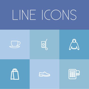 6 düzenlenebilir alışveriş anahat simgeleri ayarlayın. Kahve fincanı, kapüşonlu, Ayakkabı ve daha fazlası gibi simgeler içerir. Web, mobil, UI ve Infographic tasarımı için kullanılabilir.