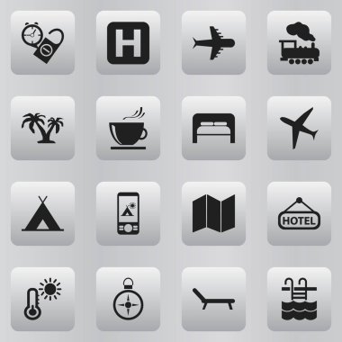 16 düzenlenebilir yolculuk simgeler kümesi. Helikopter pisti, dinlenme zamanı, güneşlenme gibi sembolleri ve daha fazlasını içerir. Web, mobil, UI ve Infographic tasarımı için kullanılabilir.