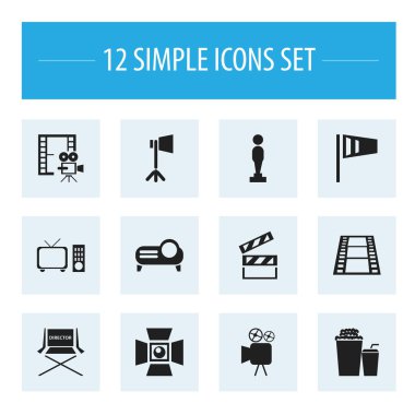 12 düzenlenebilir filme simgeler kümesi. Stüdyo ışık, koltuk, tokmağı ve daha fazla çekim gibi simgeler içerir. Web, mobil, UI ve Infographic tasarımı için kullanılabilir.