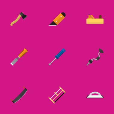 9 düzenlenebilir araçlar düz simgeler kümesi. Boer, bıçak, Jointer ve daha fazlası gibi simgeler içerir. Web, mobil, UI ve Infographic tasarımı için kullanılabilir.