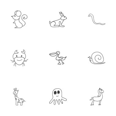 9 düzenlenebilir Hayvanat Bahçesi karalamalar kümesi. Kanser, yılan, kalamar ve daha fazlası gibi simgeler içerir. Web, mobil, UI ve Infographic tasarımı için kullanılabilir.