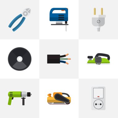 9 düzenlenebilir elektrik düz simgeler kümesi. Jack, Tel, Jig Saw ve daha fazlası gibi simgeler içerir. Web, mobil, UI ve Infographic tasarımı için kullanılabilir.