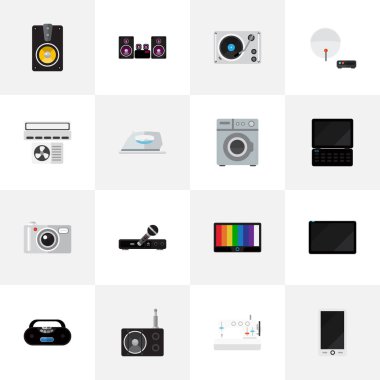 16 düzenlenebilir ev düz simgeler kümesi. Fotoğraf makinesi, cep telefonu, tarayıcı ve daha fazlası gibi simgeler içerir. Web, mobil, UI ve Infographic tasarımı için kullanılabilir.