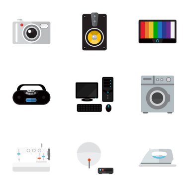 9 düzenlenebilir teknoloji düz simgeler kümesi. Dikiş makine, cihaz, ekran ve daha fazlası gibi simgeler içerir. Web, mobil, UI ve Infographic tasarımı için kullanılabilir.
