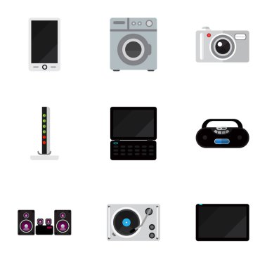 9 düzenlenebilir ev düz simgeler kümesi. Kaset çalar, avuçiçi, defter ve daha fazlası gibi simgeler içerir. Web, mobil, UI ve Infographic tasarımı için kullanılabilir.