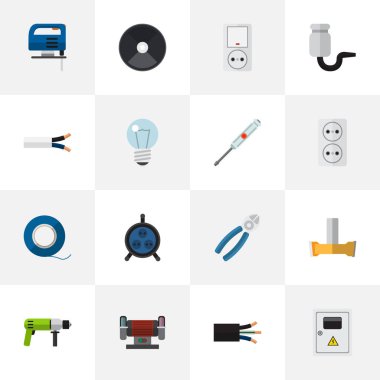 16 düzenlenebilir elektrik düz simgeler kümesi. Jig gördüm delik, tel ve daha fazlası gibi simgeleri içerir. Web, mobil, UI ve Infographic tasarımı için kullanılabilir.