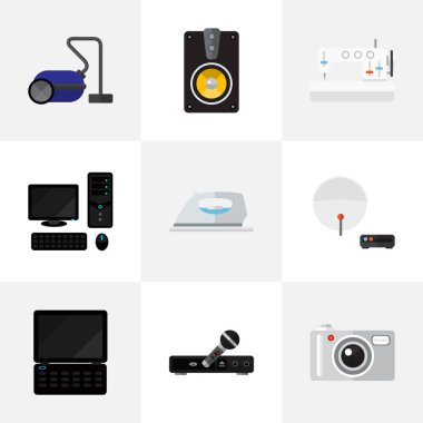 9 düzenlenebilir teknoloji düz simgeler kümesi. Kamera, süpürmek, mikrofon ve daha fazlası gibi simgeler içerir. Web, mobil, UI ve Infographic tasarımı için kullanılabilir.