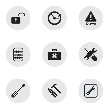 9 düzenlenebilir aracı simgeler kümesi. Simgeleri kerpeten çekiç, aritmetik, zaman ve daha içerir. Web, mobil, UI ve Infographic tasarımı için kullanılabilir.