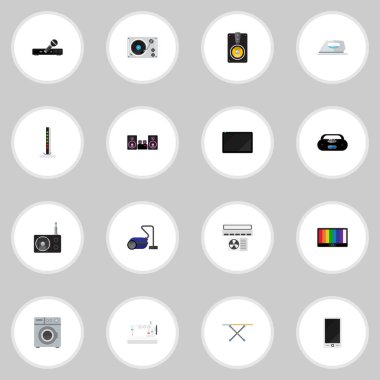 16 düzenlenebilir Tech düz simgeler kümesi. Bez demir, pikap, megafon ve daha fazlası gibi simgeler içerir. Web, mobil, UI ve Infographic tasarımı için kullanılabilir.