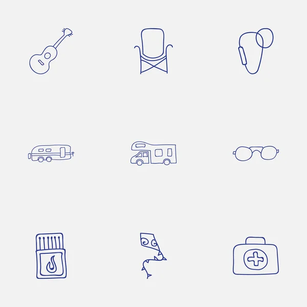 Set van 9 bewerkbare Camping Doodles. Bevat symbolen zoals muziekinstrument, zetel, Caravan en meer. Kan worden gebruikt voor Web, Mobile, Ui en Infographic Design. — Stockvector