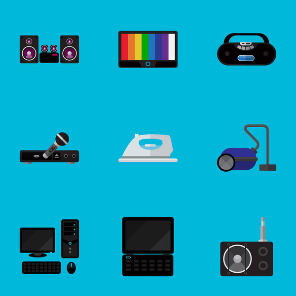 Set Of 9 Editable Tech Flat Icons. Includes Symbols Such As Notebook, Appliance, Stereo System And More. Can Be Used For Web, Mobile, UI And Infographic Design.