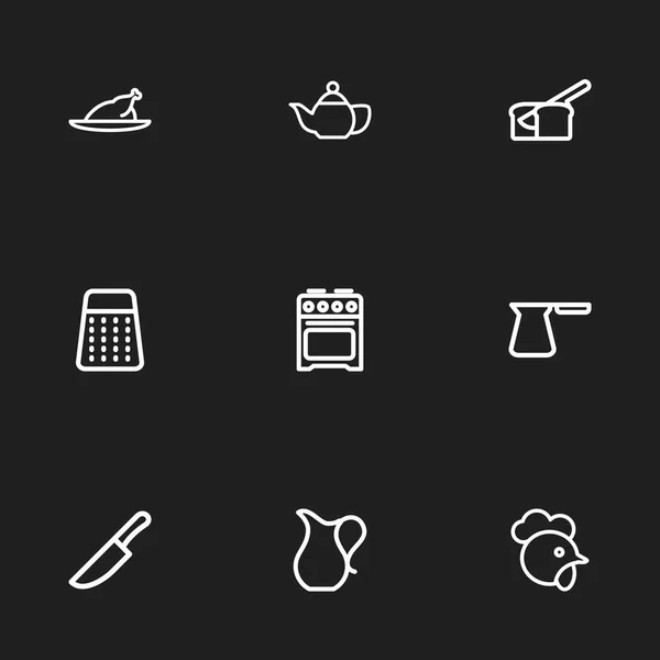 Conjunto de 9 iconos de boceto de comida editables. Incluye símbolos como Rasp, cortador de alimentos, Cezve y más. Puede ser utilizado para el diseño de la tela, móvil, interfaz de usuario e infografía . — Vector de stock
