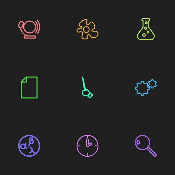 Conjunto de 9 iconos de esquema de ciencia editables. Incluye símbolos como lupa, documento, tubo de ensayo y más. Puede ser utilizado para el diseño de la tela, móvil, interfaz de usuario e infografía . — Vector de stock