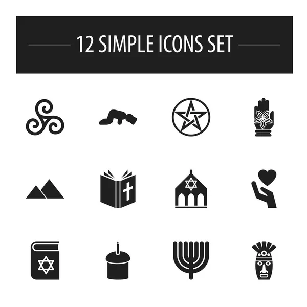 Uppsättning av 12 redigerbara tro ikoner. Innehåller symboler som Shaman, Spring Pie, Sajdah och mer. Kan användas för webb-, mobil-, Ui- och Infographic Design. — Stock vektor