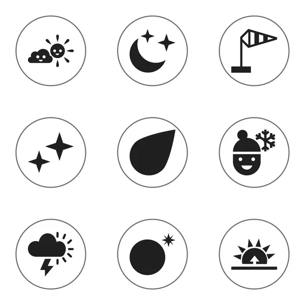 Conjunto de 9 iconos climáticos editables. Incluye símbolos como la mañana, el niño en invierno, la medianoche y más. Puede ser utilizado para el diseño de la tela, móvil, interfaz de usuario e infografía . — Vector de stock