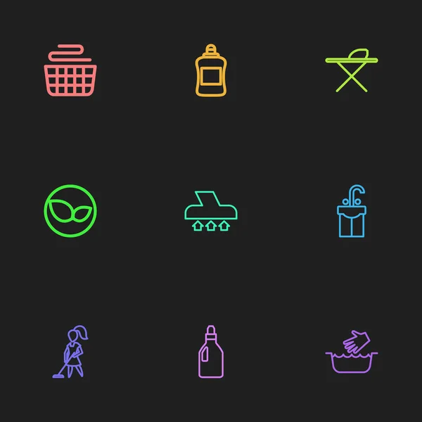 Conjunto de 9 iconos de contorno de higiene editables. Incluye símbolos tales como ordenado, hojas, líquido de lavado y más. Puede ser utilizado para el diseño de la tela, móvil, interfaz de usuario e infografía . — Vector de stock