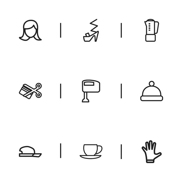 Набір з дев'яти піктограм накреслення комерційного бізнесу. Включає в себе такі символи, як Міттен, Капелюх, Обличчя жінки і багато іншого. Може використовуватися для веб, мобільного, інтерфейсу та інфографіки . — стоковий вектор