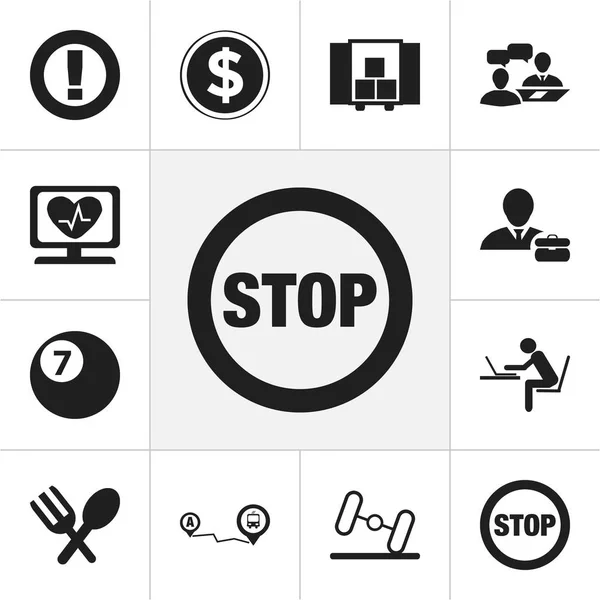 Satz von 12 editierbaren komplizierten Symbolen. beinhaltet Symbole wie Halt, Navigation, Währung und mehr. kann für Web-, Mobil-, UI- und Infografik-Design verwendet werden. — Stockvektor