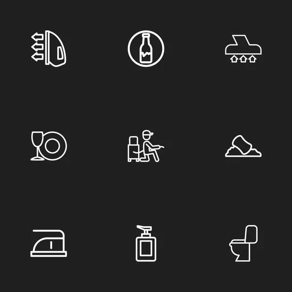 Set van 9 bewerkbare schoonmaken overzicht pictogrammen. Bevat symbolen zoals stofzuigen, stofzuiger, toilet en nog veel meer. Kan worden gebruikt voor Web, Mobile, Ui en Infographic Design. — Stockvector