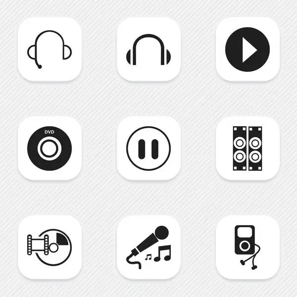 Uppsättning av 9 redigerbara ljud ikoner. Innehåller symboler som Studio enhet, hörlurar, MegaFon och mer. Kan användas för webb-, mobil-, Ui- och Infographic Design. — Stock vektor