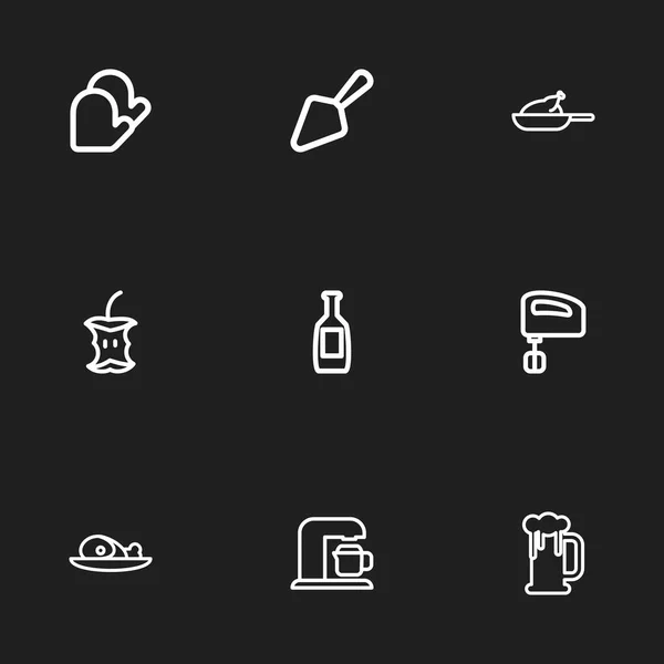 Set Of 9 Editable Cook Outline Icons. Includes Symbols Such As Hen, Percolator, Bottle And More. Can Be Used For Web, Mobile, UI And Infographic Design. — Stock Vector