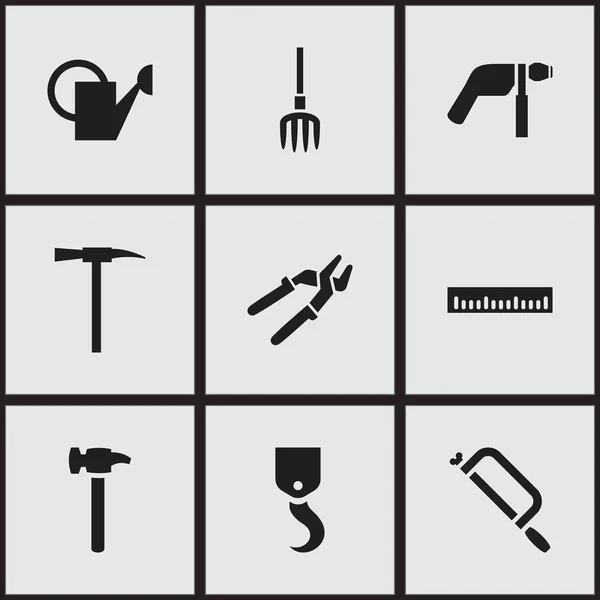 Conjunto de 9 iconos de instrumentos editables. Incluye símbolos tales como sierra manual, herramienta de reparación, grúa. Puede ser utilizado para el diseño de la tela, móvil, interfaz de usuario e infografía . — Archivo Imágenes Vectoriales