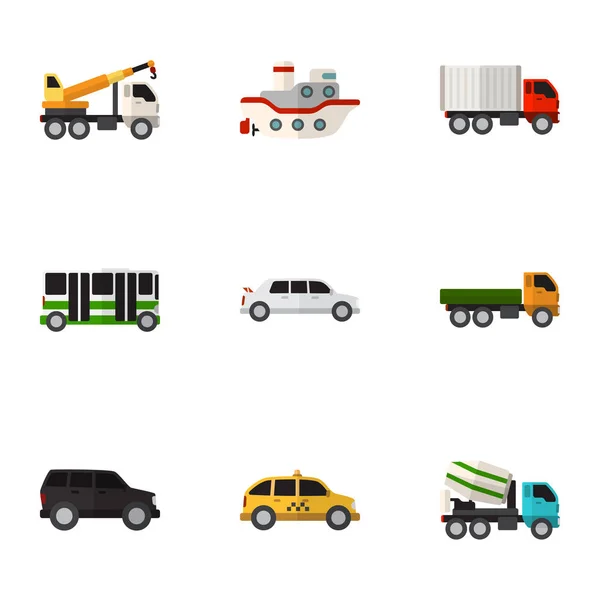 Set di 9 icone piatte per auto modificabili. Include simboli come spedizione, miscelatore di cemento, limousine e altro ancora. Può essere utilizzato per la progettazione web, mobile, UI e infografica . — Vettoriale Stock