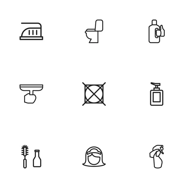 9 szerkeszthető higiéniai vázlat ikonok beállítása Magában foglalja a szimbólum ablak porszívó, maximális teljesítmény, szobalány, és több. Lehet használni a Web, mobil, Ui és Infographic Design. — Stock Vector