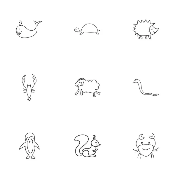 Set Of 9 Editable Zoo Doodles. Includes Symbols Such As Tortoise, Chipmunk, Lobster And More. Can Be Used For Web, Mobile, UI And Infographic Design. — Stock Vector