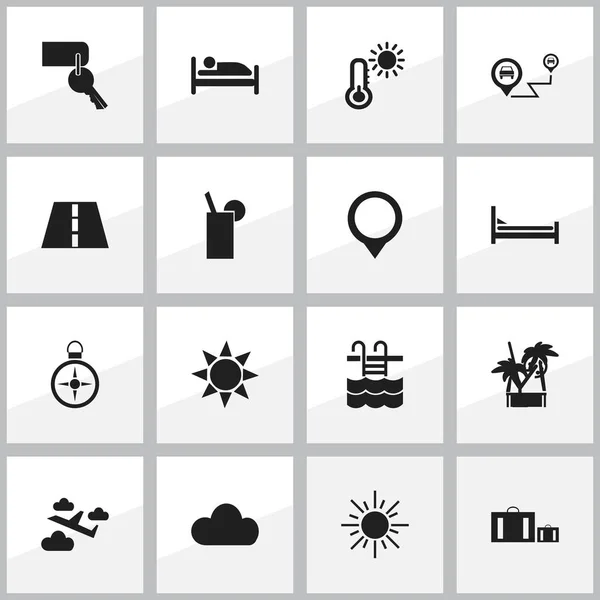 Conjunto de 16 iconos de vacaciones editables. Incluye símbolos como el camino, el maletín, el sol y más. Puede ser utilizado para el diseño de la tela, móvil, interfaz de usuario e infografía . — Vector de stock