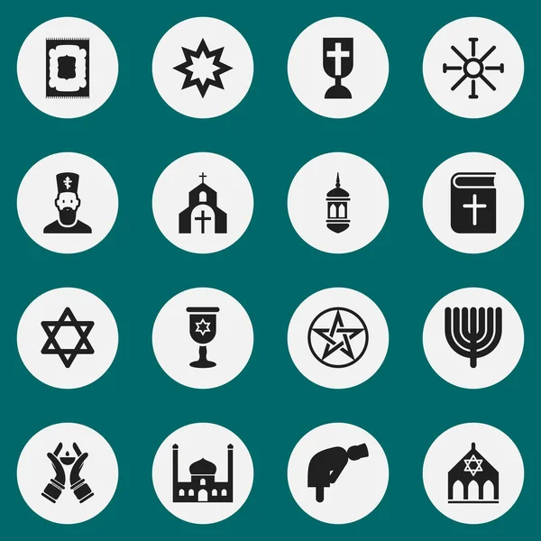 Set Of 16 Editable Dyne Icons. Includes Symbols Such As Chaplain, Christian Book, Chapel And More. Can Be Used For Web, Mobile, UI And Infographic Design. — Stock Vector