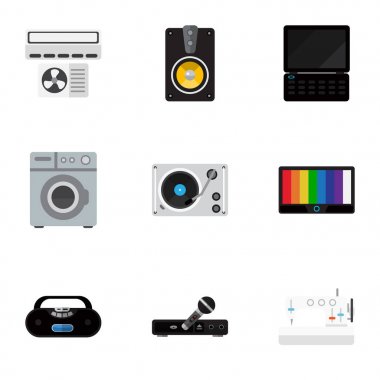 9 düzenlenebilir teknoloji düz simgeler kümesi. Çamaşırhanede, megafon, defter ve daha fazlası gibi simgeler içerir. Web, mobil, UI ve Infographic tasarımı için kullanılabilir.