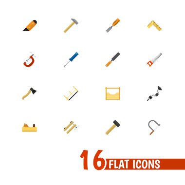 16 düzenlenebilir araçlar düz simgeler kümesi. Kelepçe gibi simgeler dönüş-vida, bıçak ve daha fazlasını içerir. Web, mobil, UI ve Infographic tasarımı için kullanılabilir.