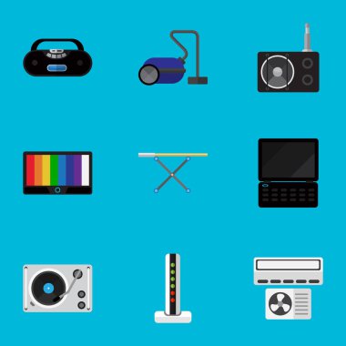 9 düzenlenebilir ev düz simgeler kümesi. Kaset çalar, bez demir, ekran ve daha fazlası gibi simgeler içerir. Web, mobil, UI ve Infographic tasarımı için kullanılabilir.