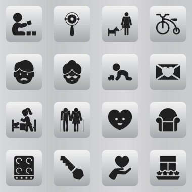 16 düzenlenebilir Kin simgeler kümesi. Oldsters, baba ve kilit gibi simgeler içerir. Web, mobil, UI ve Infographic tasarımı için kullanılabilir.