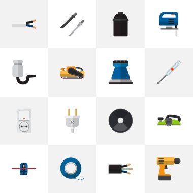 16 düzenlenebilir aletleri düz simgeler kümesi. Jack, kum püskürtme, çıkış gibi simgeler içerir. Web, mobil, UI ve Infographic tasarımı için kullanılabilir.