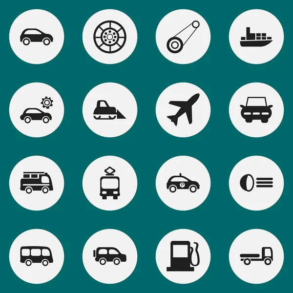 Set med 16 redigerbara transport ikoner. Innehåller symboler som hjul, flygplan, familj Jeep och mer. Kan användas för webb-, mobil-, Ui- och Infographic Design. — Stock vektor