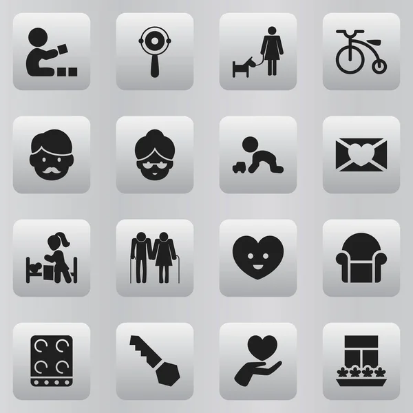 Conjunto de 16 iconos Kin editables. Incluye símbolos como Oldsters, padre, cerradura y más. Puede ser utilizado para el diseño de la tela, móvil, interfaz de usuario e infografía . — Archivo Imágenes Vectoriales